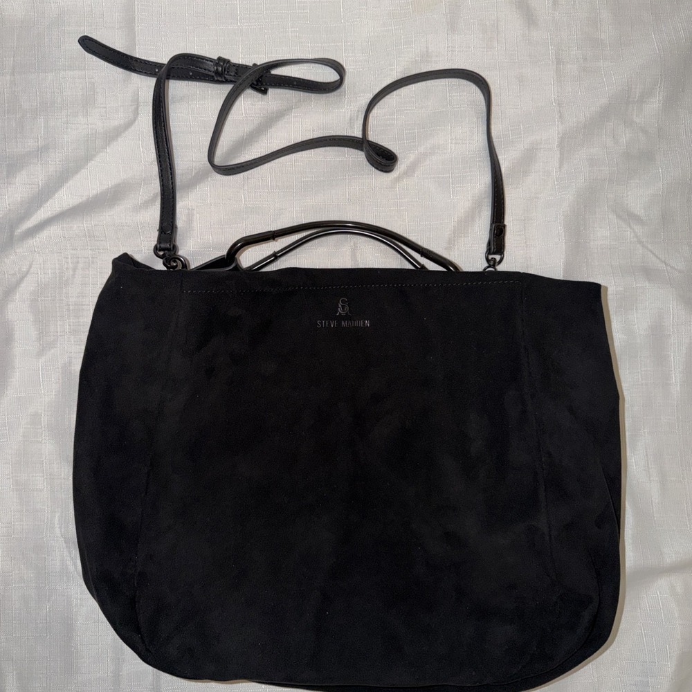 Steve Madden Black Hobo Slouch Shoulder Crossbody Bag Purse Modern Faux Suede